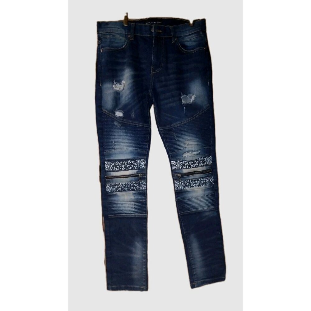 Supply & Demand Moto Jeans Mens 34X33 Blue Skinny Stretch Distressed Streetwear